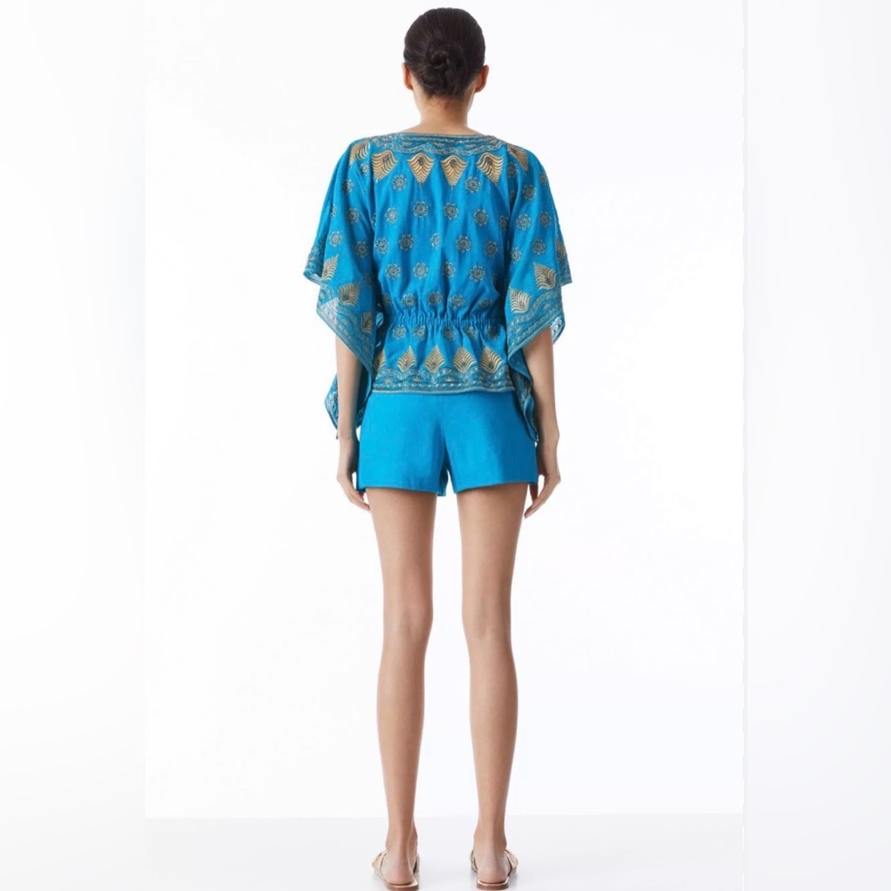 Alice + Olivia Sharita Blue Green Teal Gold Embroidered Drawstring Top Blouse - Picture 14 of 15